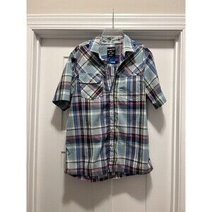 Kavu Short Sleeve Button Up Shirt Mens Size Large Green Blue Pink Plaid Outdoor